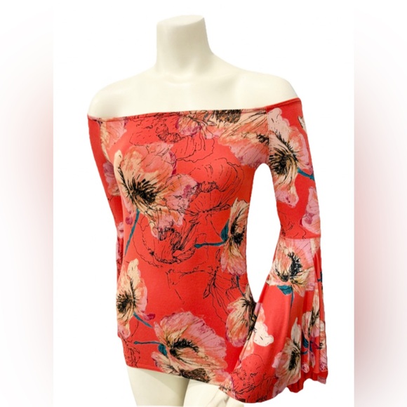 We The Free Floral Off Shoulder Bell Sleeve Top S Coral Boho Free People Style - Picture 3 of 12